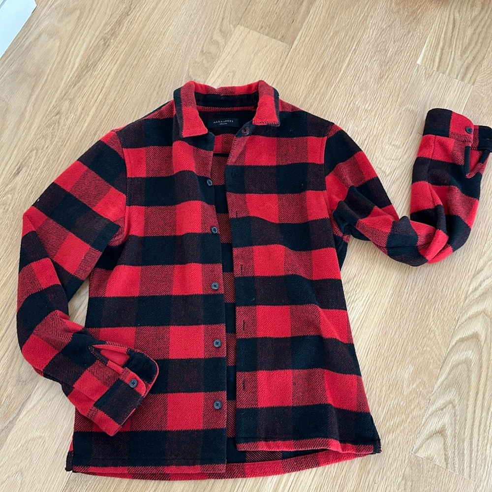 Men’s AllSaints red/black buffalo check button down shirt (size M)